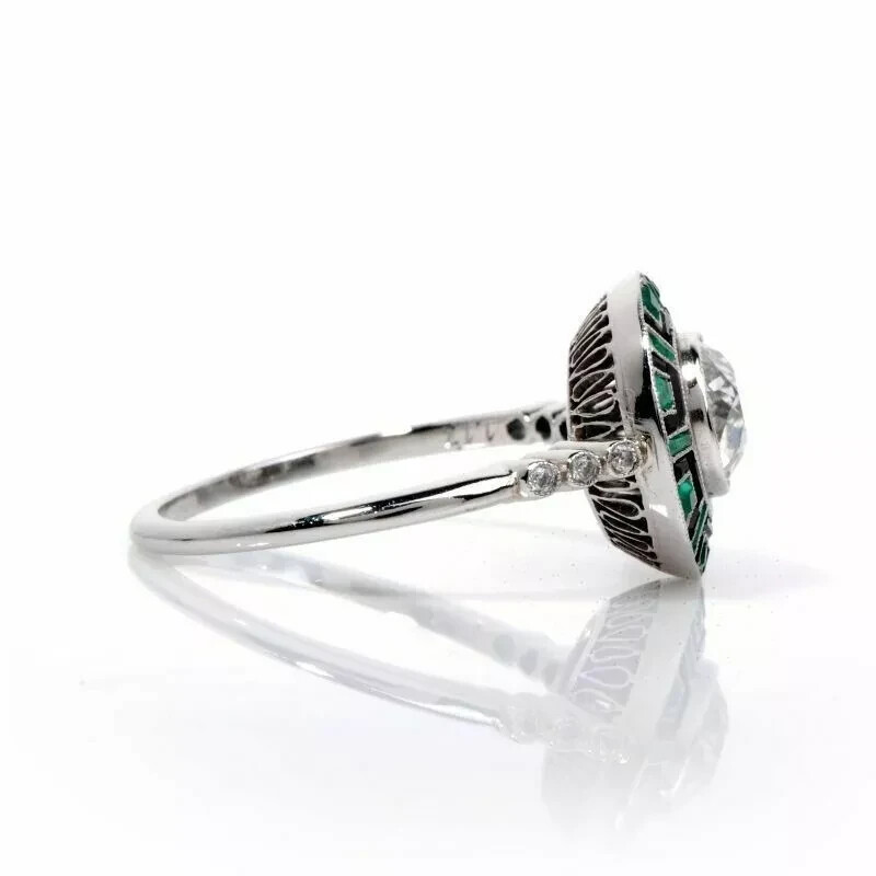 Art Deco Style Lab-Created Diamond & Emerald Enamel Ring 14k White Gold Finish