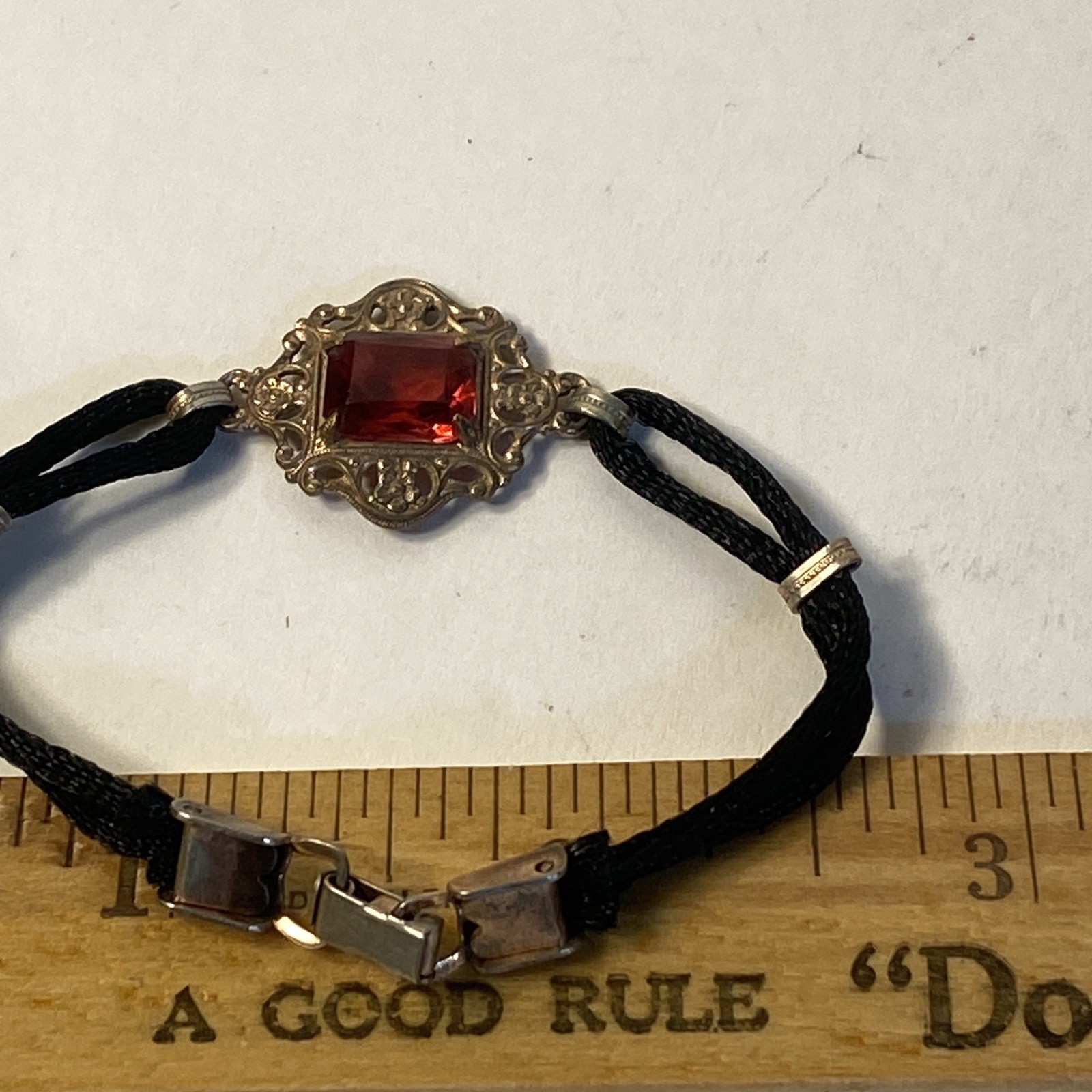 Vintage Bracelet Black Cord W/Gold Tone & Red Stone Small