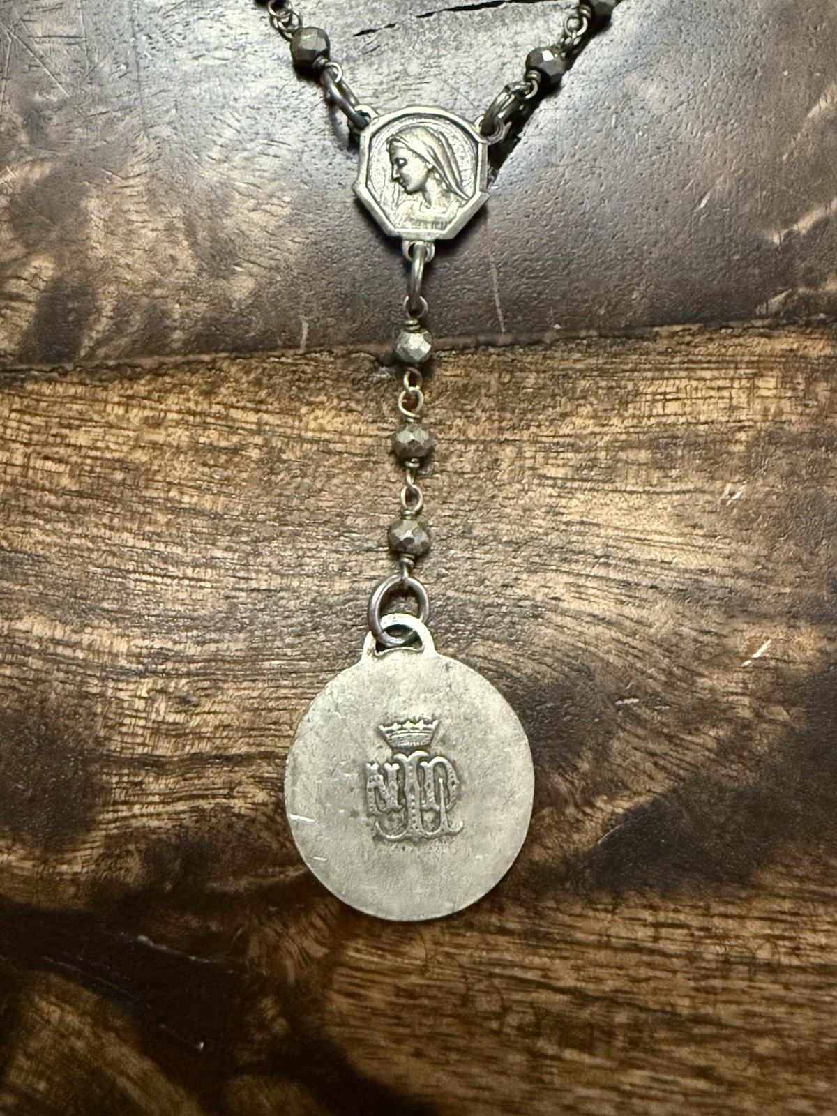 Vintage Silver Rosary Necklace with Long Flat Links and Metal Beads, Reversible