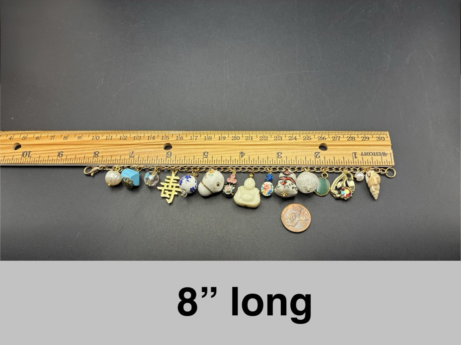 Vintage Eclectic Custom Charm Bracelet + Vtg Charms: Dog, Rabbit,Floral, Buddha+