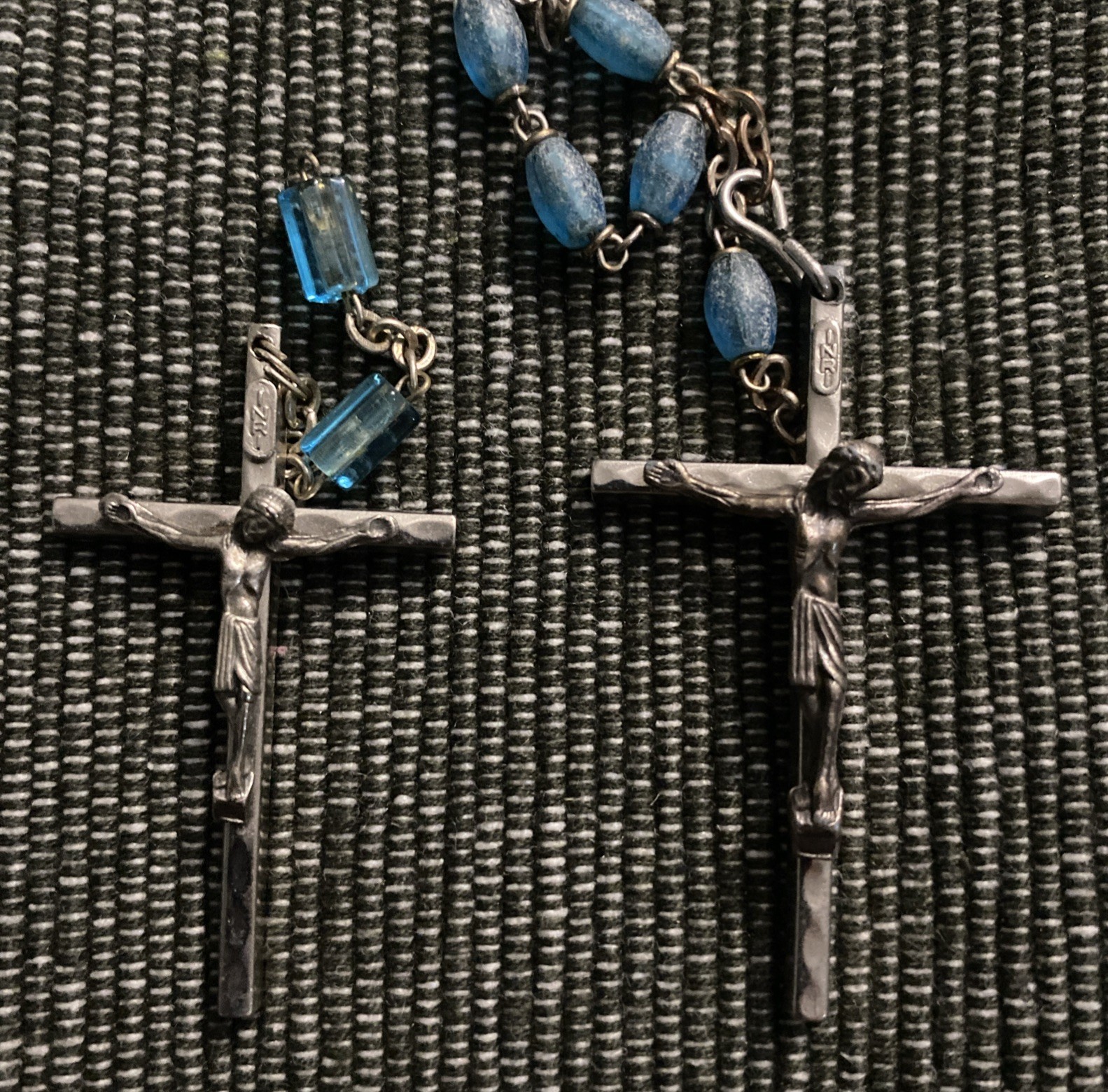 Vintage Italian Crucifix Rosary Pendants, INRI, Blue Glass Beads, Marked Italy