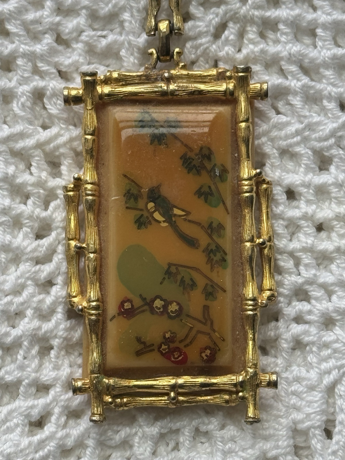 Vintage Necklace Bamboo Frame Asian Gold Tone Bird Floral Souvenir 2 3/4” H