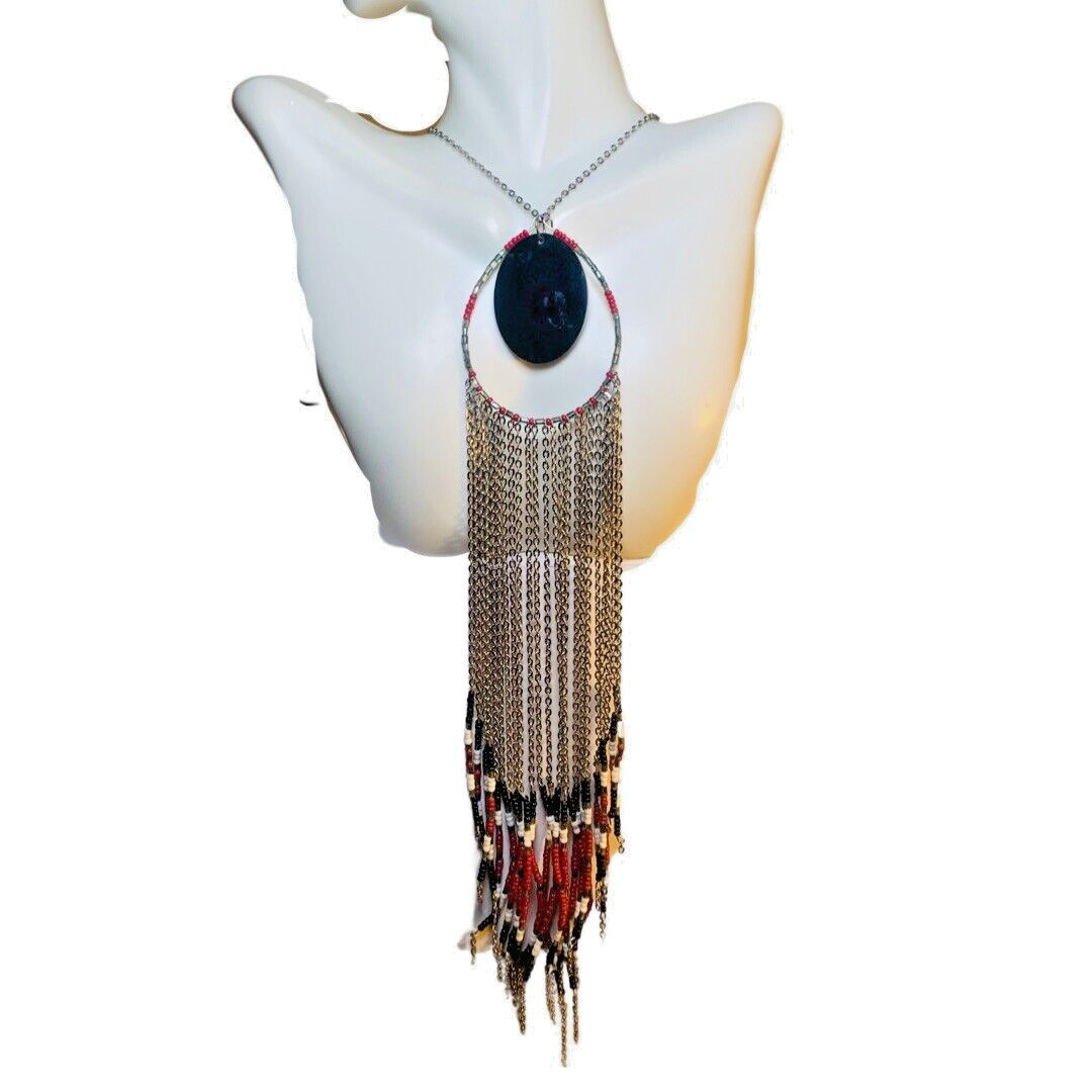 Fringe Choker Necklace Red SilverTone 15.5” Boho Beaded Southwestern