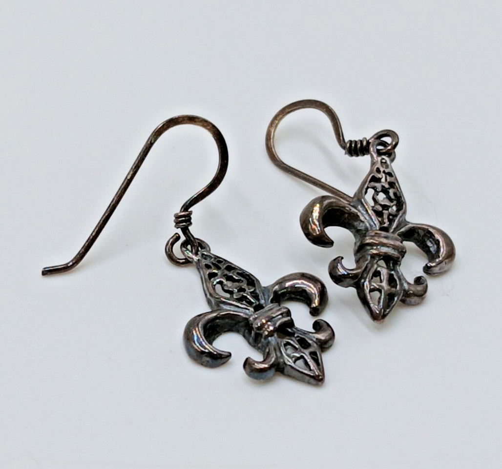 VTG 925 Fleur De Lis Dangle Earrings 1.5in Drop Sterling Silver 2g Estate