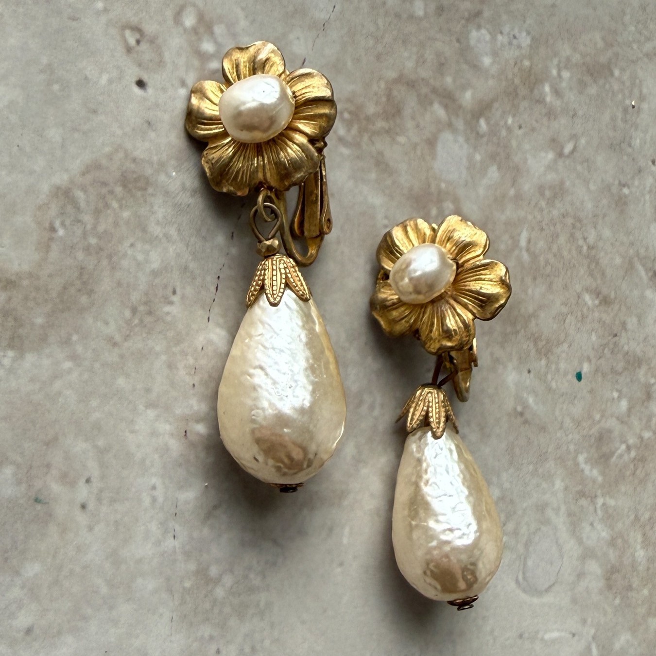 Vtg Signed Miriam Haskell Flower Pearl Drop Earrings Brass Clip Ons
