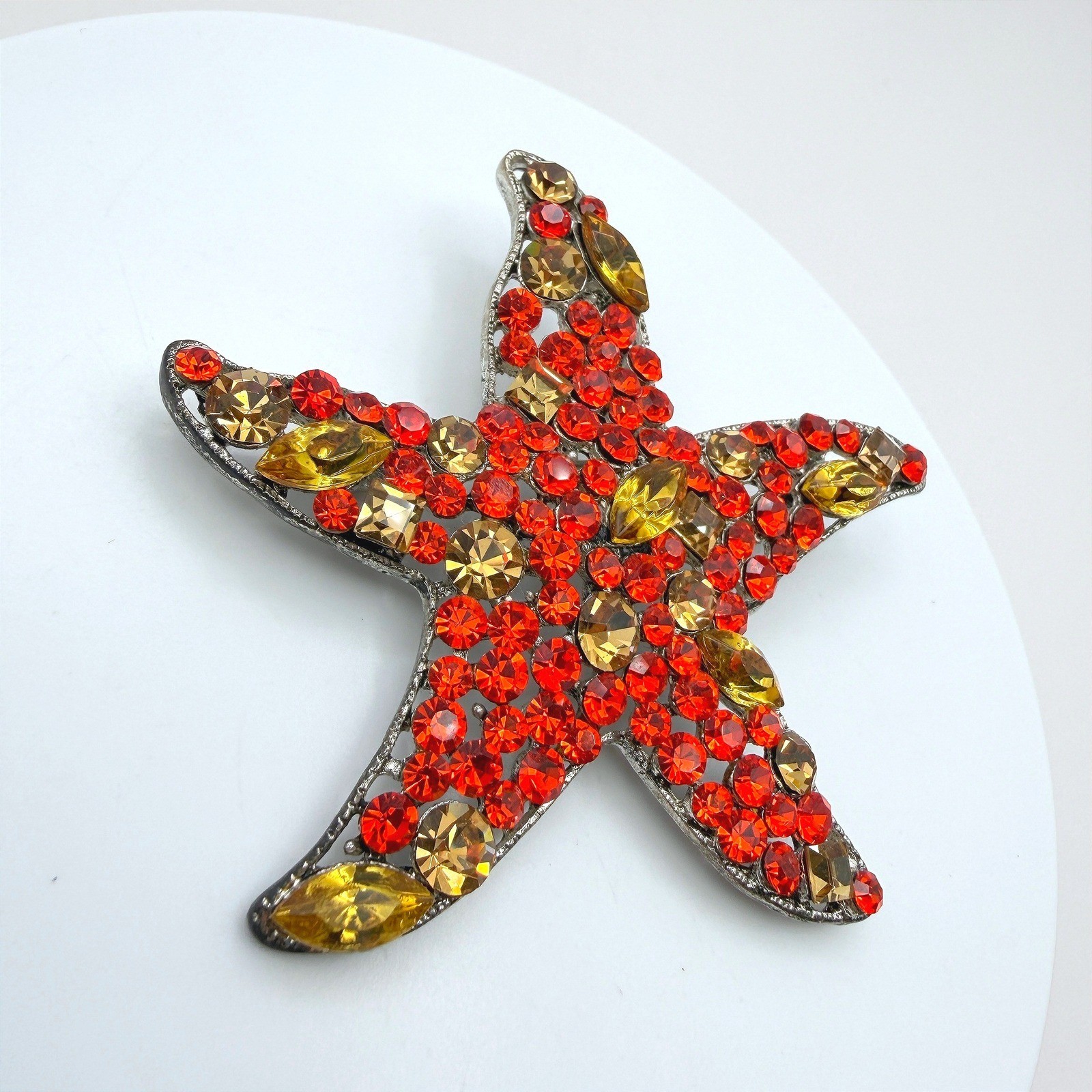 Vintage Red Yellow Rhinestones Silver-Tone Aluminium Starfish-Shaped Brooch Pin