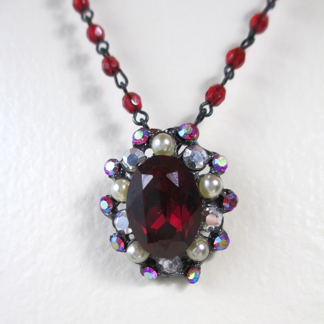 Vintage Ruby Red AB Rhinestone Choker Necklace Tiara Misu Signed Aurora Borealis
