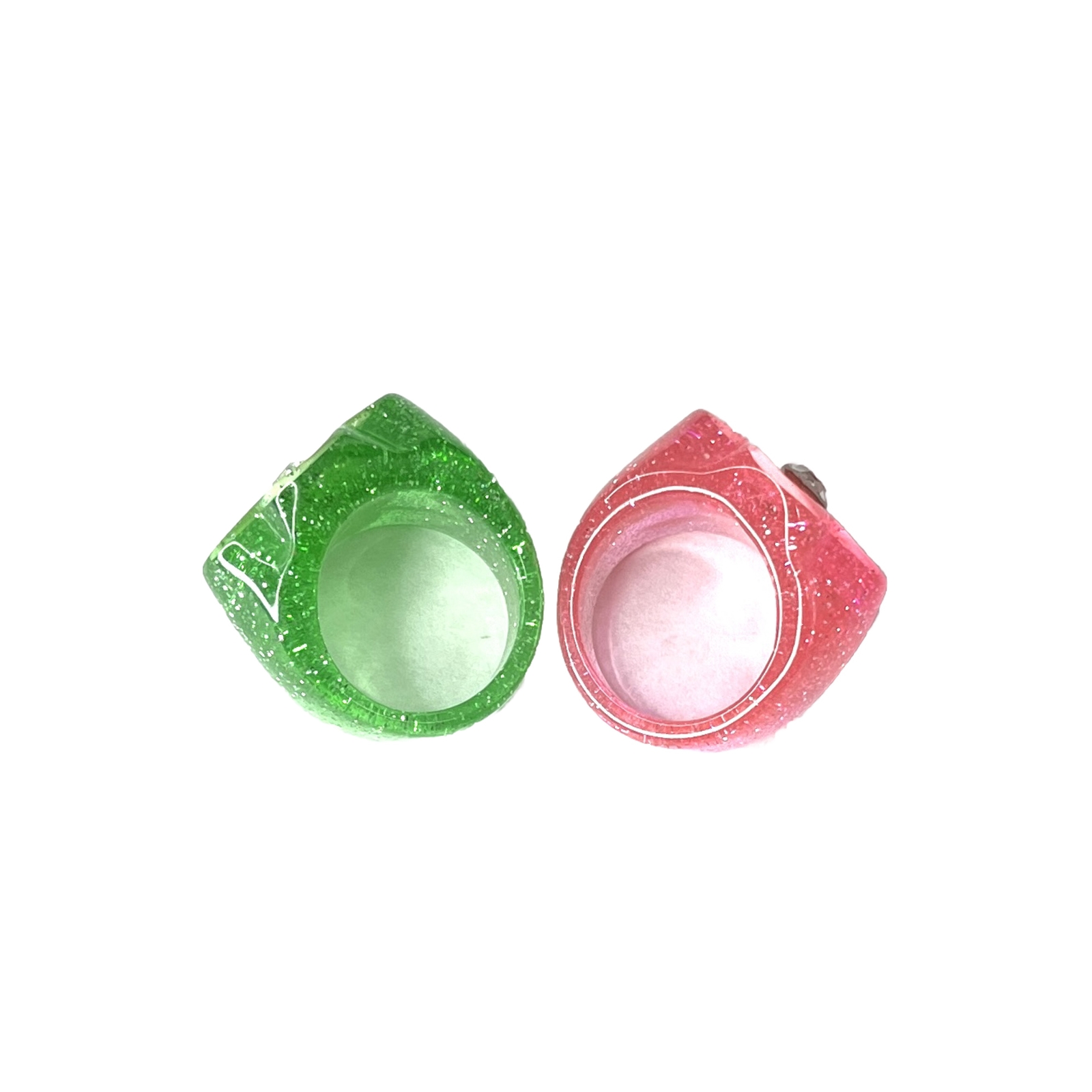Chunky Lucite Flower Rings Rhinestone Pink Green Glitter Size 7 Retro Daisy Set