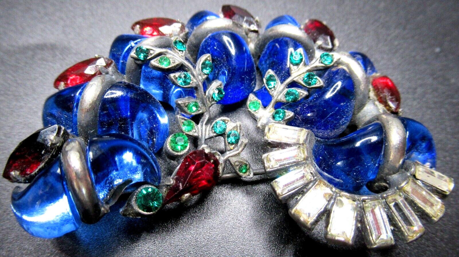 Amazing FRENCH Mogul Red Blue Green RARE S Shaped Vintage Pin Brooch