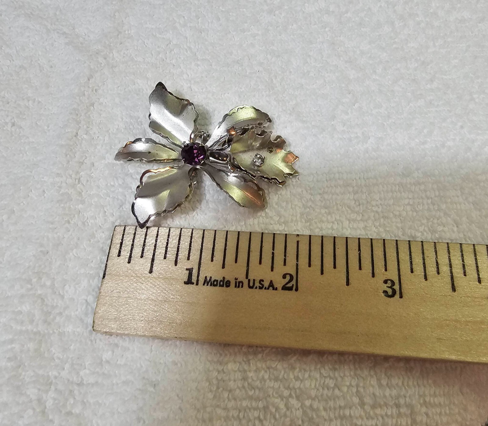 Vtg Silvertone Brooch Pin /Pendant Orchid Flower Design w/ Purple Stone