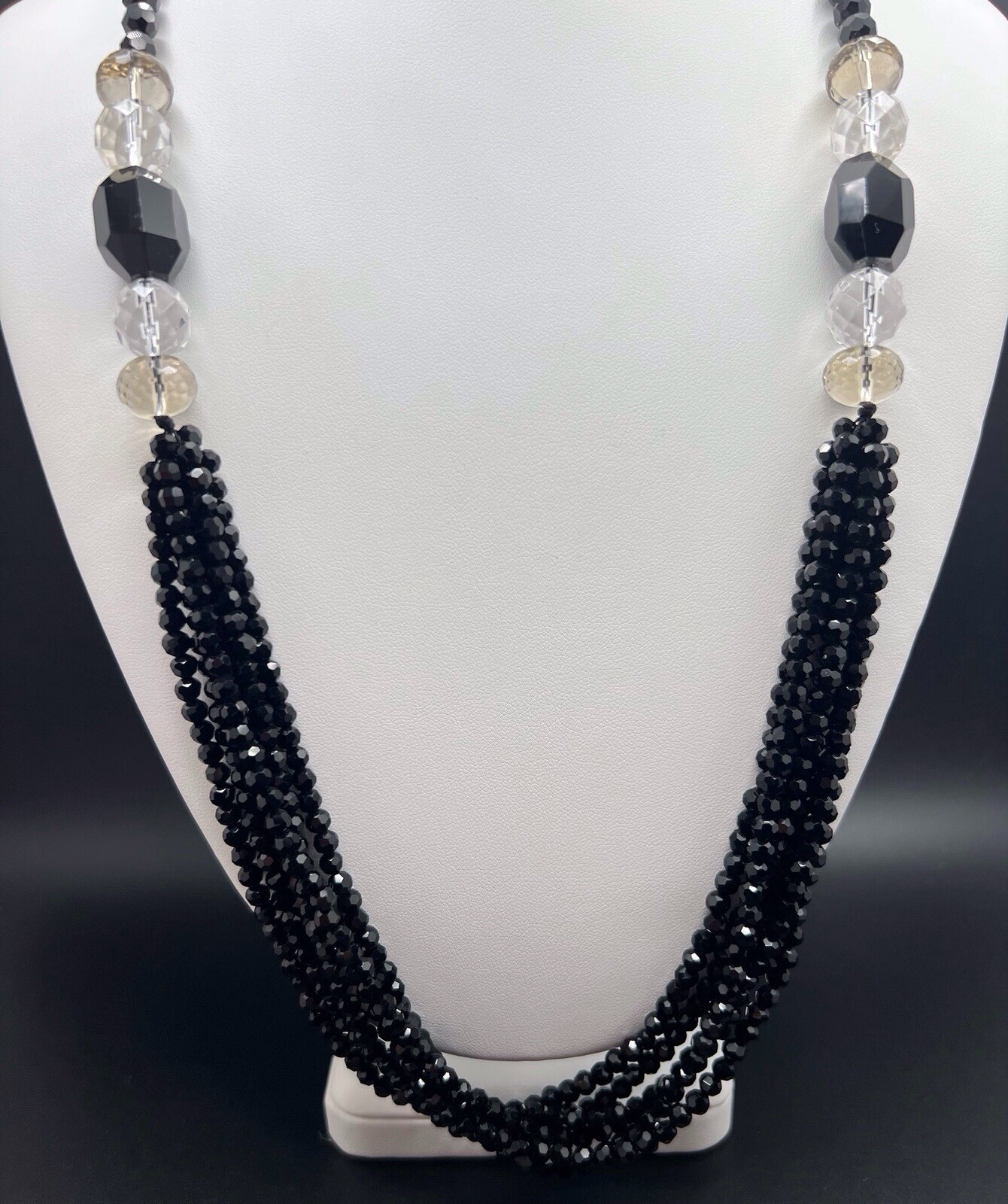 Vintage Black / Clear Crystal Bead Strand Necklace Art Deco Style 29in.