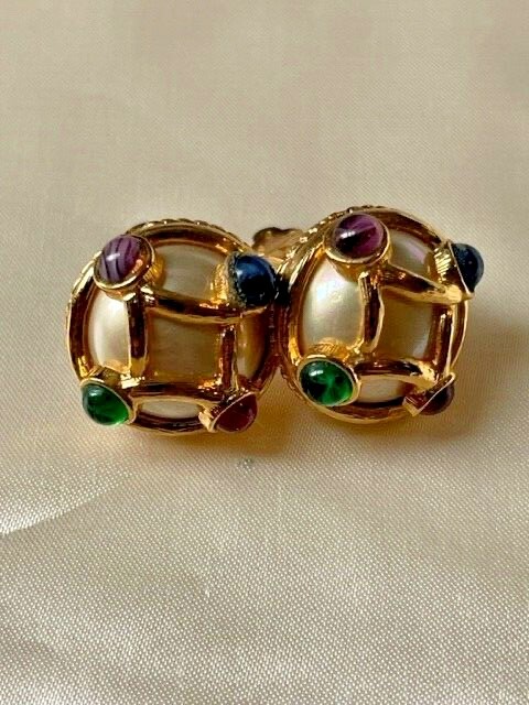 Cream Red Purple Blue Green Cabochon Mabe Pearl Earrings 0″L x 1″W x 1″H