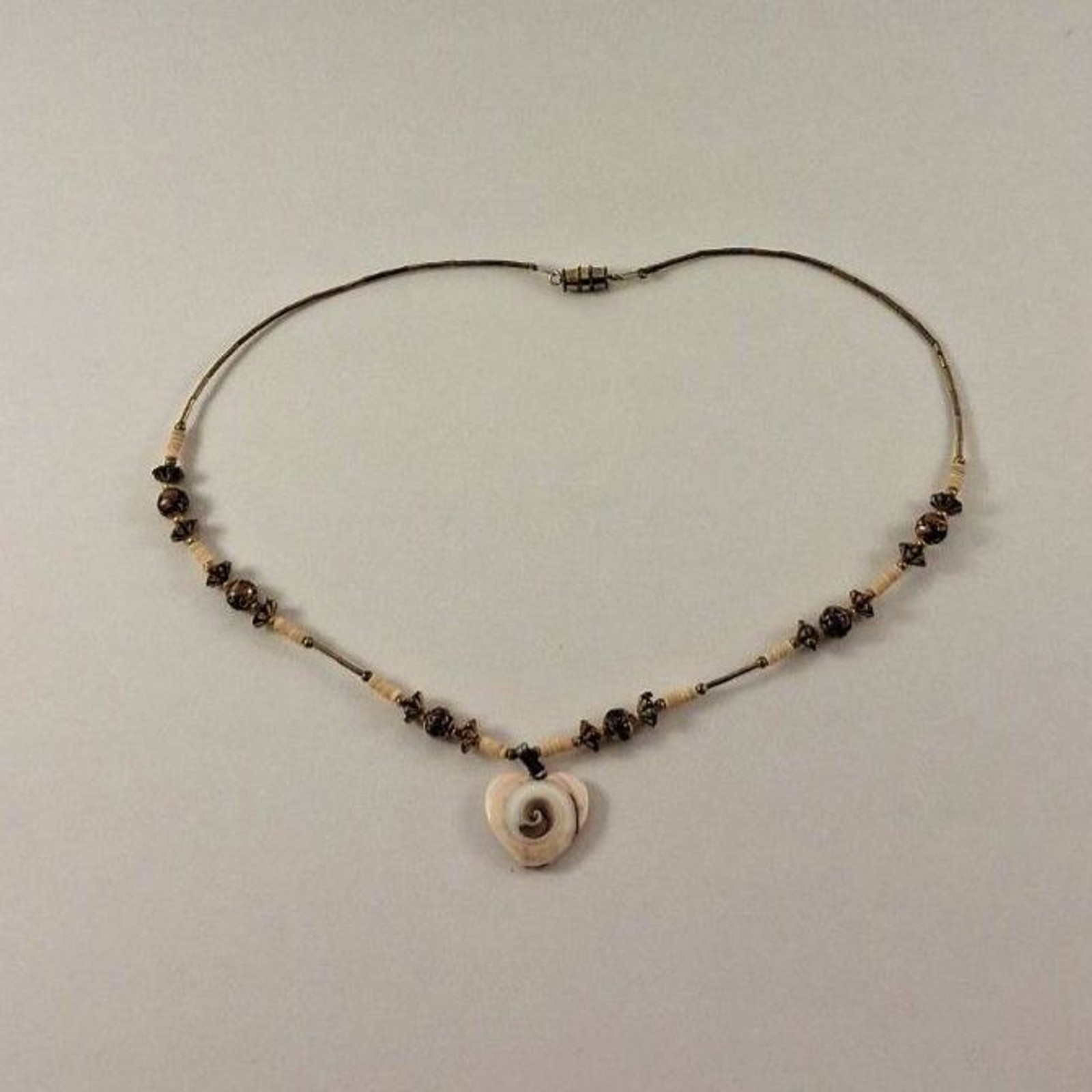 Artisan Beaded Choker with Natural Shell Pendant and Metal Beads 1970s – 1990s