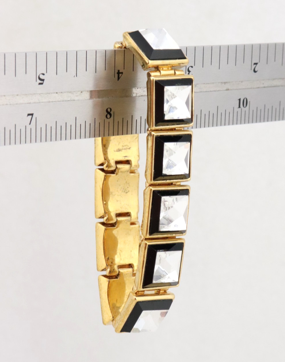 7″ Vintage Henri Bendel Square Crystal Rhinestone Clasp Bracelet Gold Tone Heavy