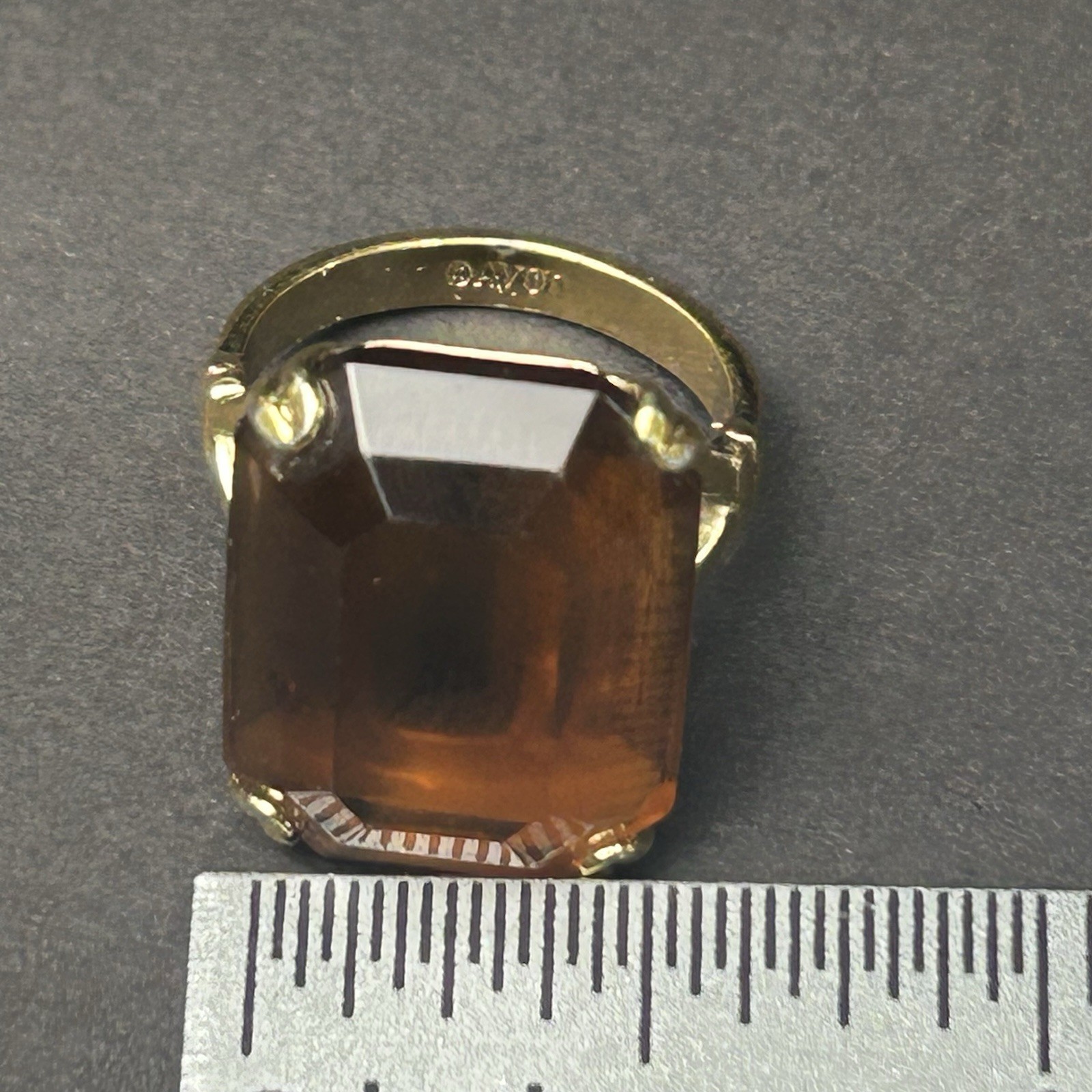 Vintage 1978 Avon “Smoky Lustre” Cocktail Ring Gold Tone Emerald Cut Glass Sz4.5