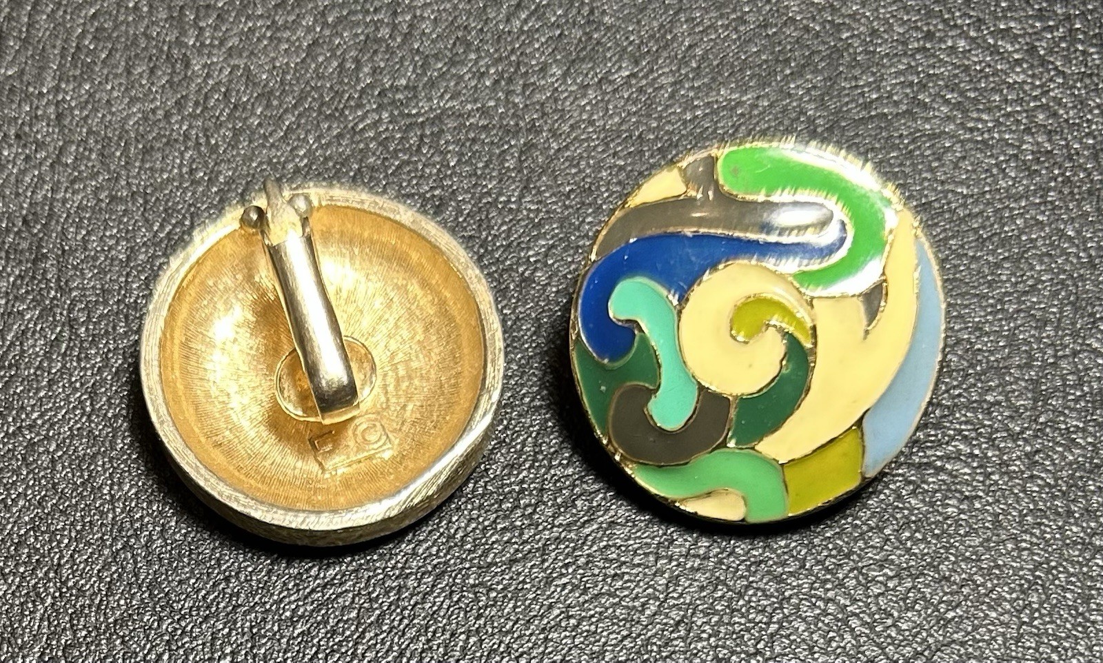 Vintage Eisenberg Art Nouveau Green Purple Cream Heavy Enamel Clip On Earrings