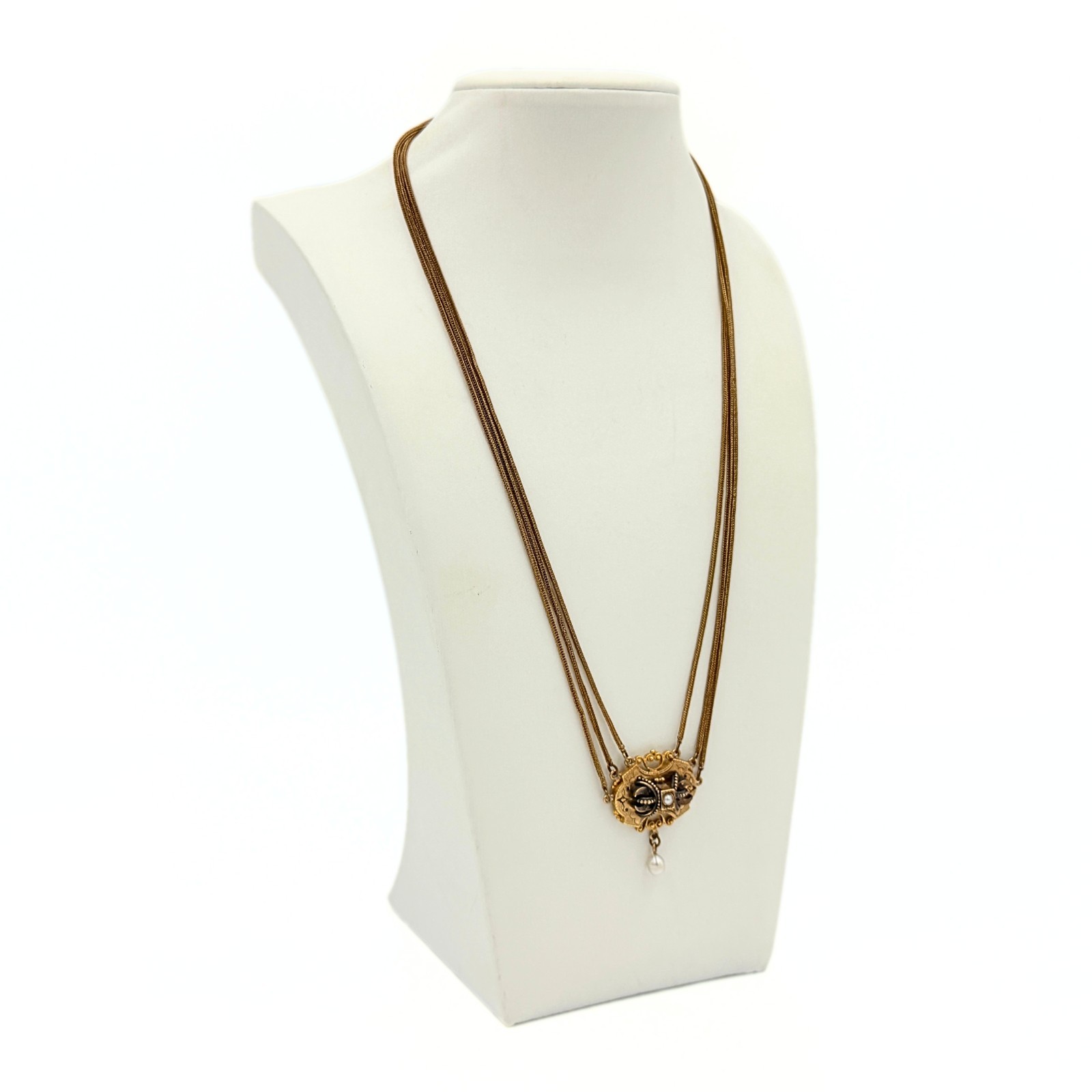 Antique Victorian 10K-14K Gold Filigreed Rice Pearl Medallion Necklace