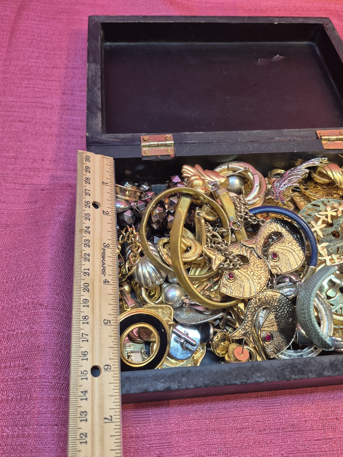 Vintage Costume Jewelry Lot w Wooden Box Mixed Singles Craft 60+ Pcs