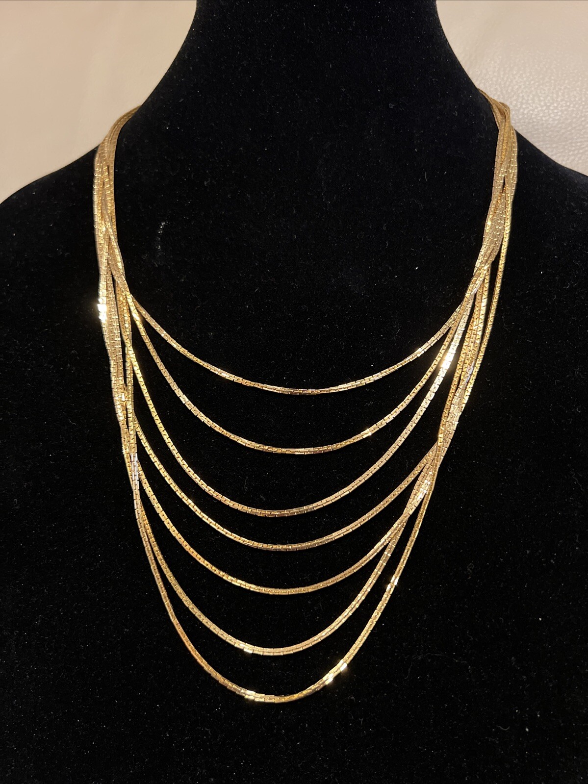 Vintage Shinny Signed NS Multi Strand Yellow Gold Tone Adjustable Necklace 7030