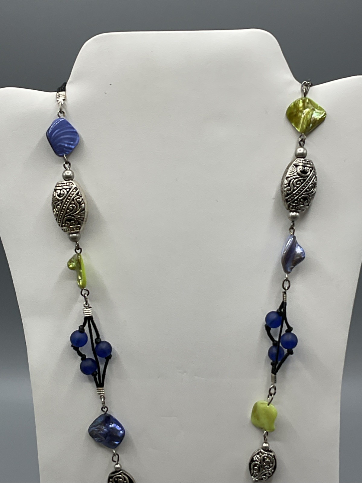 38” Designer Signed Coldwater Creek Silvertone Blue Green Shell Bead Necklace