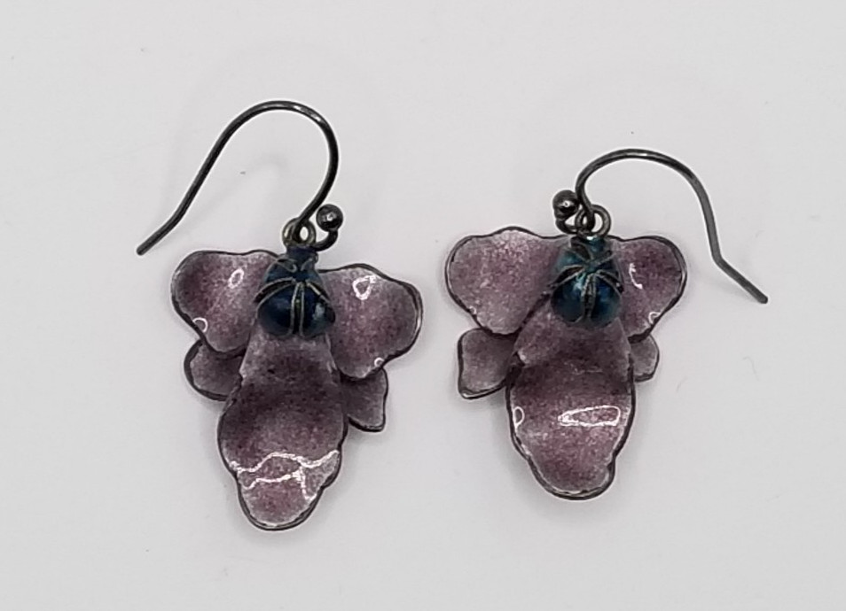 Vtg 925 Sterling Silver Purple & Blue Enameled 3D Pansy Flower Dangle Earrings