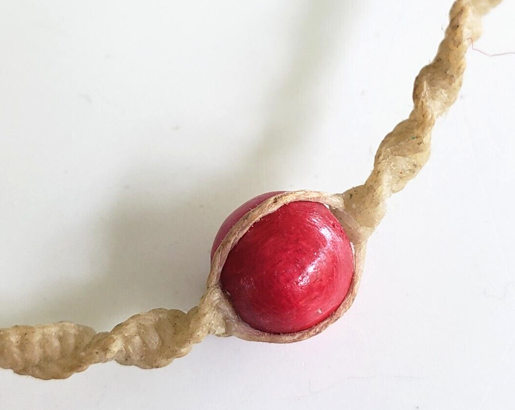 Vintage Hemp Macrame Red Wood Bead Choker Necklace 21.5″ Waxed Cord Knot Clasp