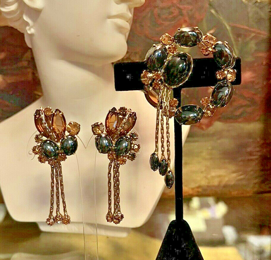 Rare D&E Juliana Hematite Topaz Dangling Chain Rhinestone Drops Brooch Earrings