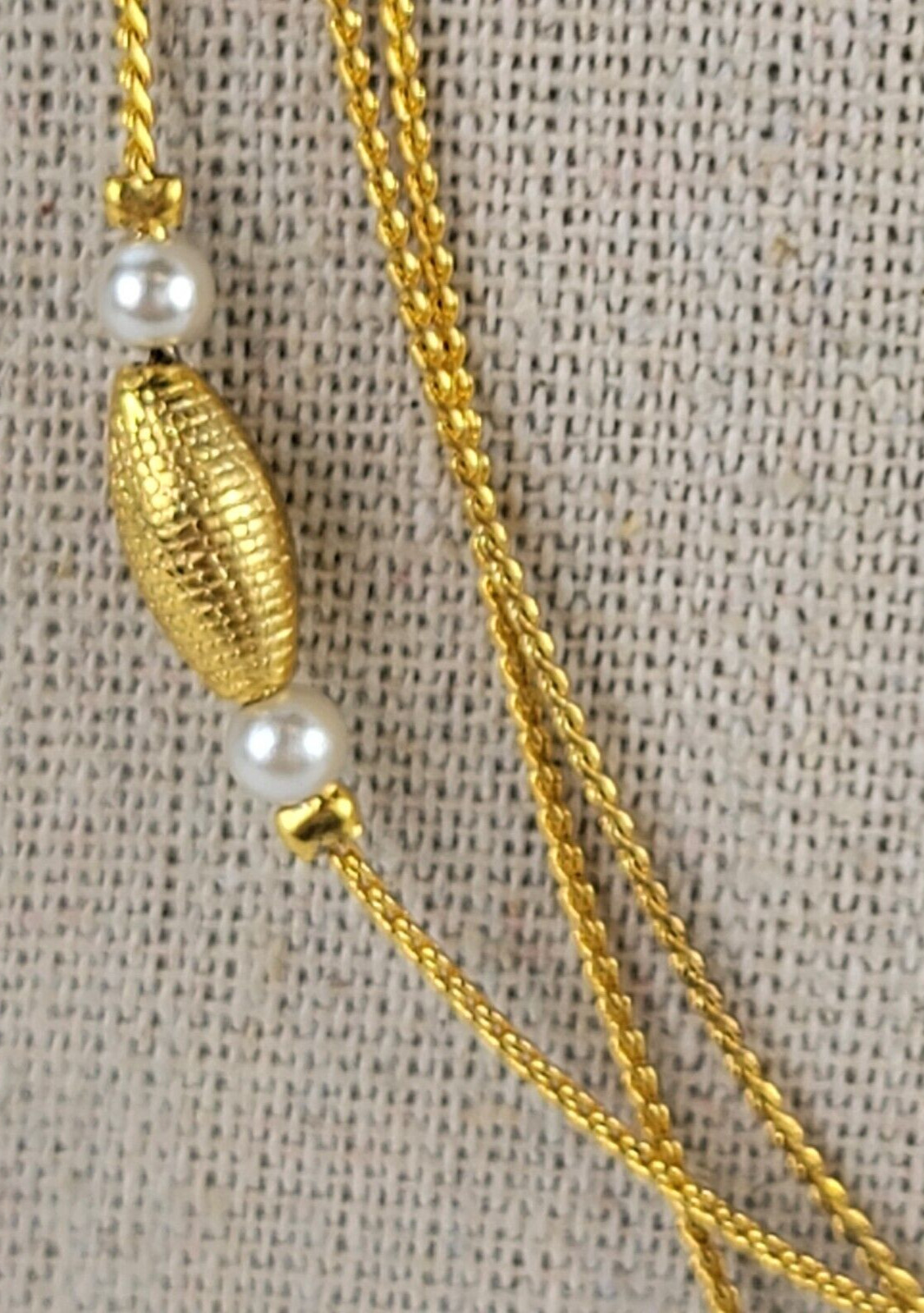 Gold -Tone Oval Bead And White Faux Pearl Charm Station Necklace 29.5 in