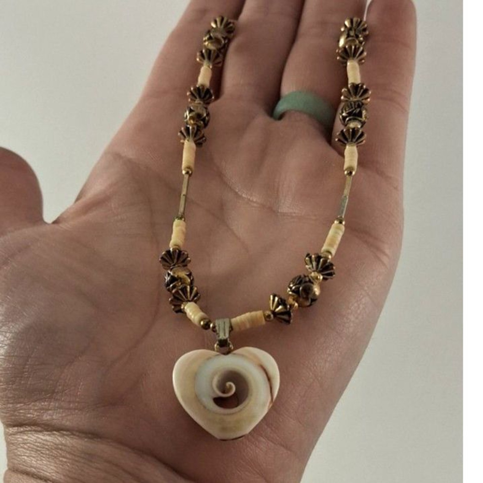 Artisan Beaded Choker with Natural Shell Pendant and Metal Beads 1970s – 1990s