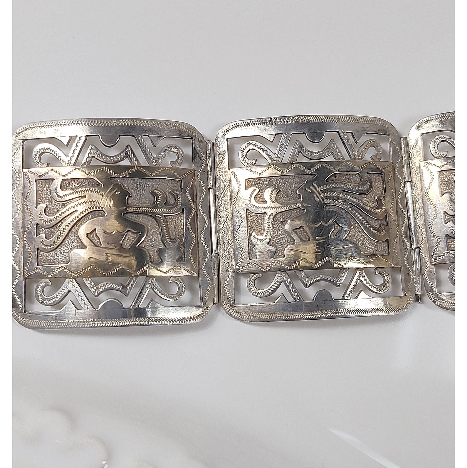 Vintage 60s Guatemala Bracelet 900 Silver Gold Wash Mayan Storyteller Signed 39g