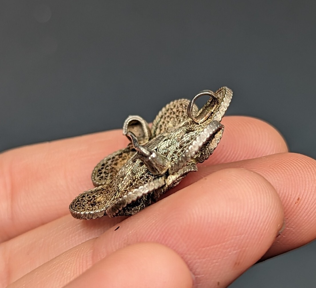 Vtg Sterling Silver Cannetille Filigree Flower Red Brooch Pin Pendant C-Clasp