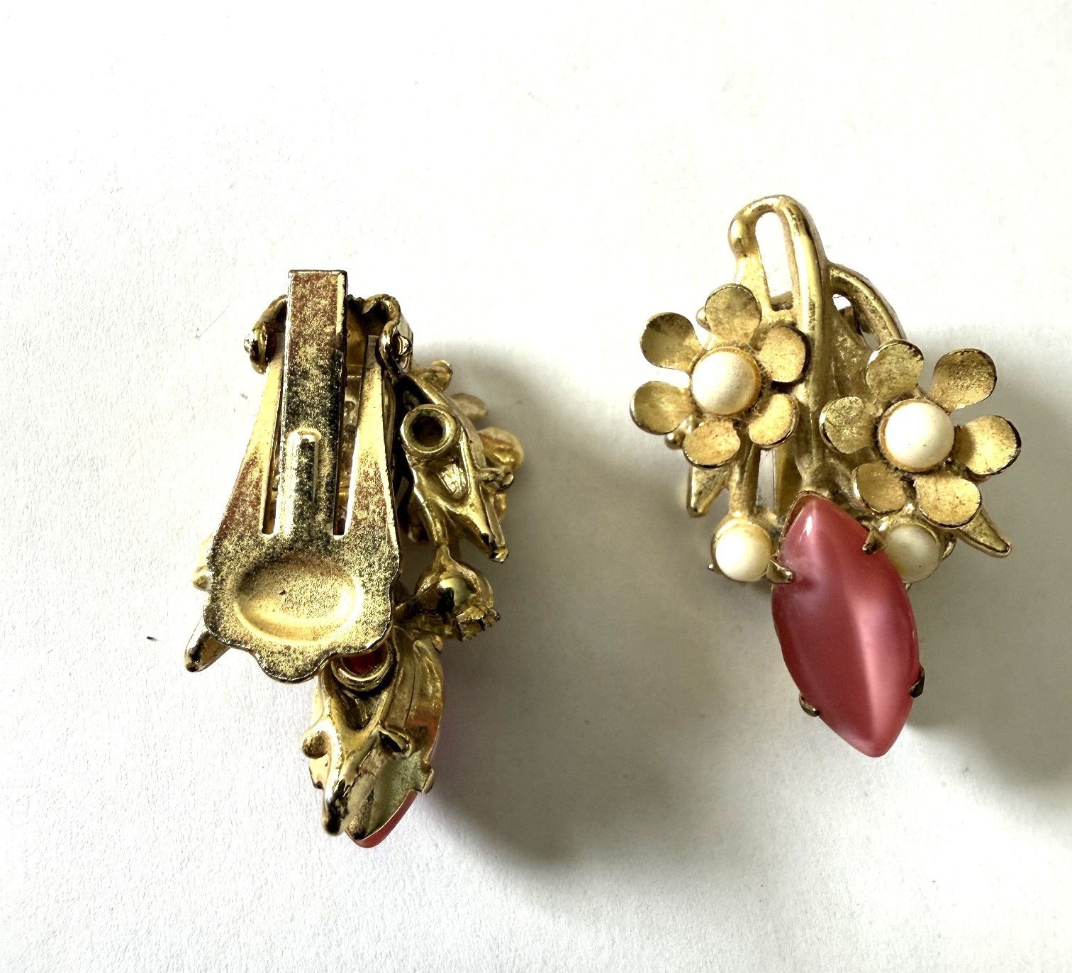 Vintage Floral Cluster Necklace and Clip On Earrings Set W/ Pink Marquis Stones