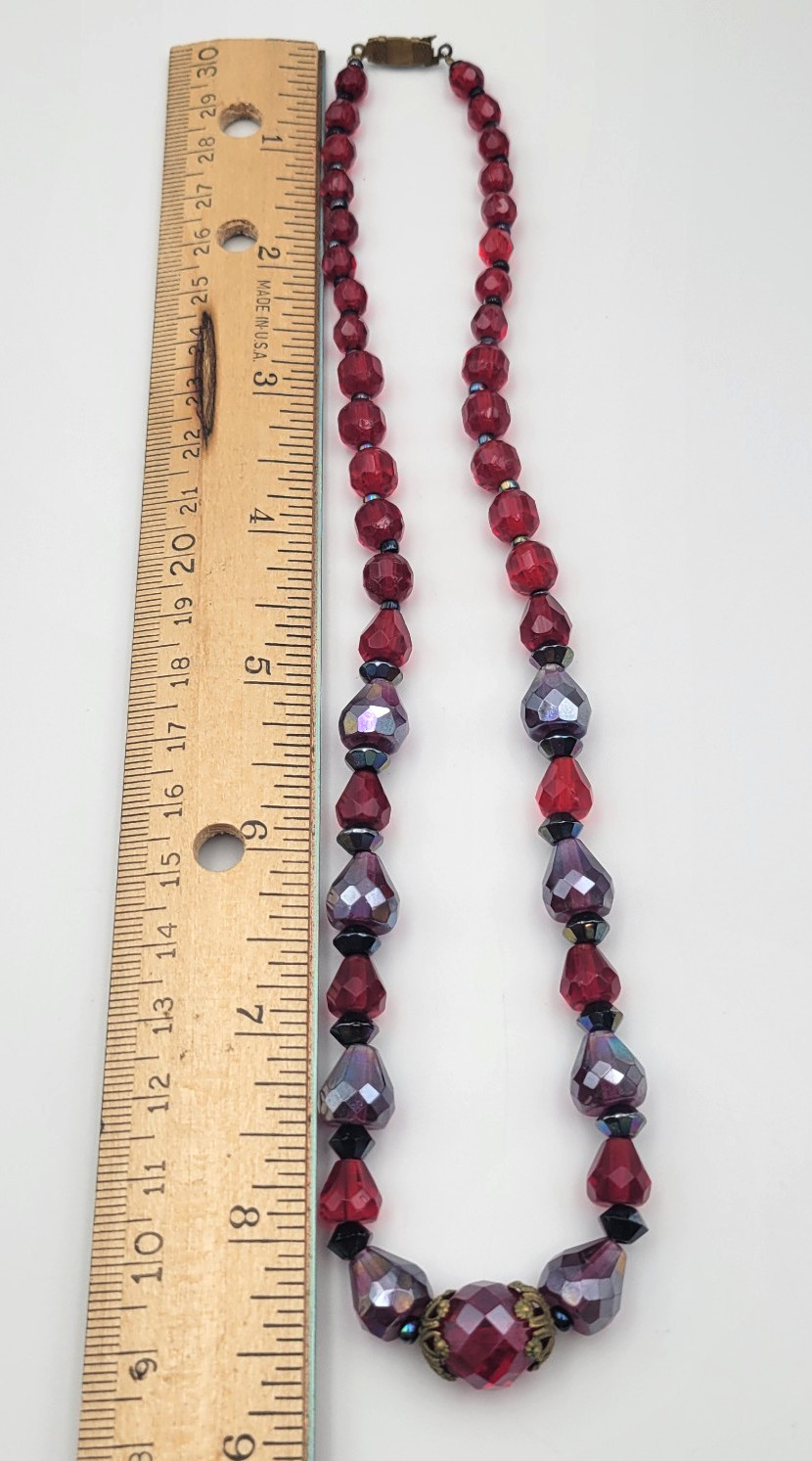 Vintage Red & Iridescent Purple Glass Faceted Bead Necklace 16″