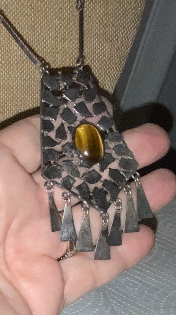 Vintage Silver Plate Metal Tiger Eye Stone/Gem Dangle Necklace, Israel