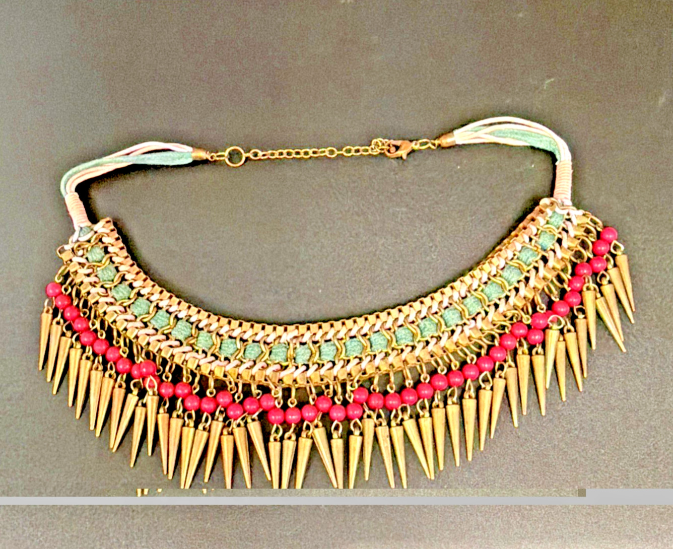 Vtg Egyptian-style Spiked BIB necklace W/ Copper Tone Spikes Pink & Green Beads