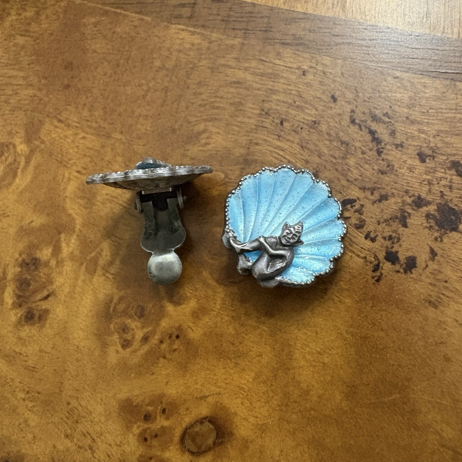 VTG 1930s Sterling Bernard Instone Art Deco Figural Cornish Pixie Shell Earrings