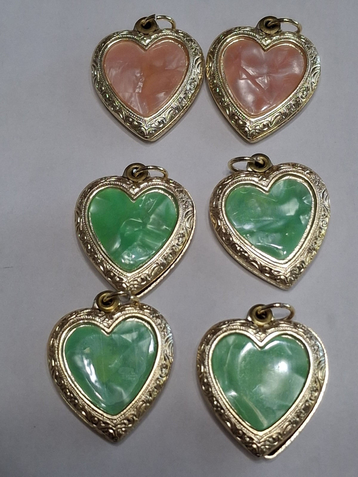 6 Vintage Goldtone 1″ Asst Heart Lockets Charm Pendant Enameled Exoxal Aluminum