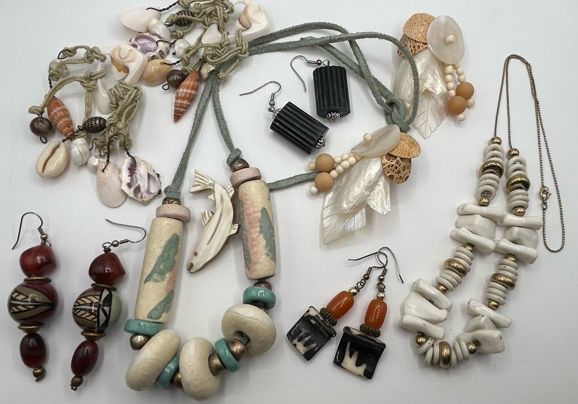 Vintage Nature Jewelry Lot of 8 Beaded Necklace, Shell Earrings Beach