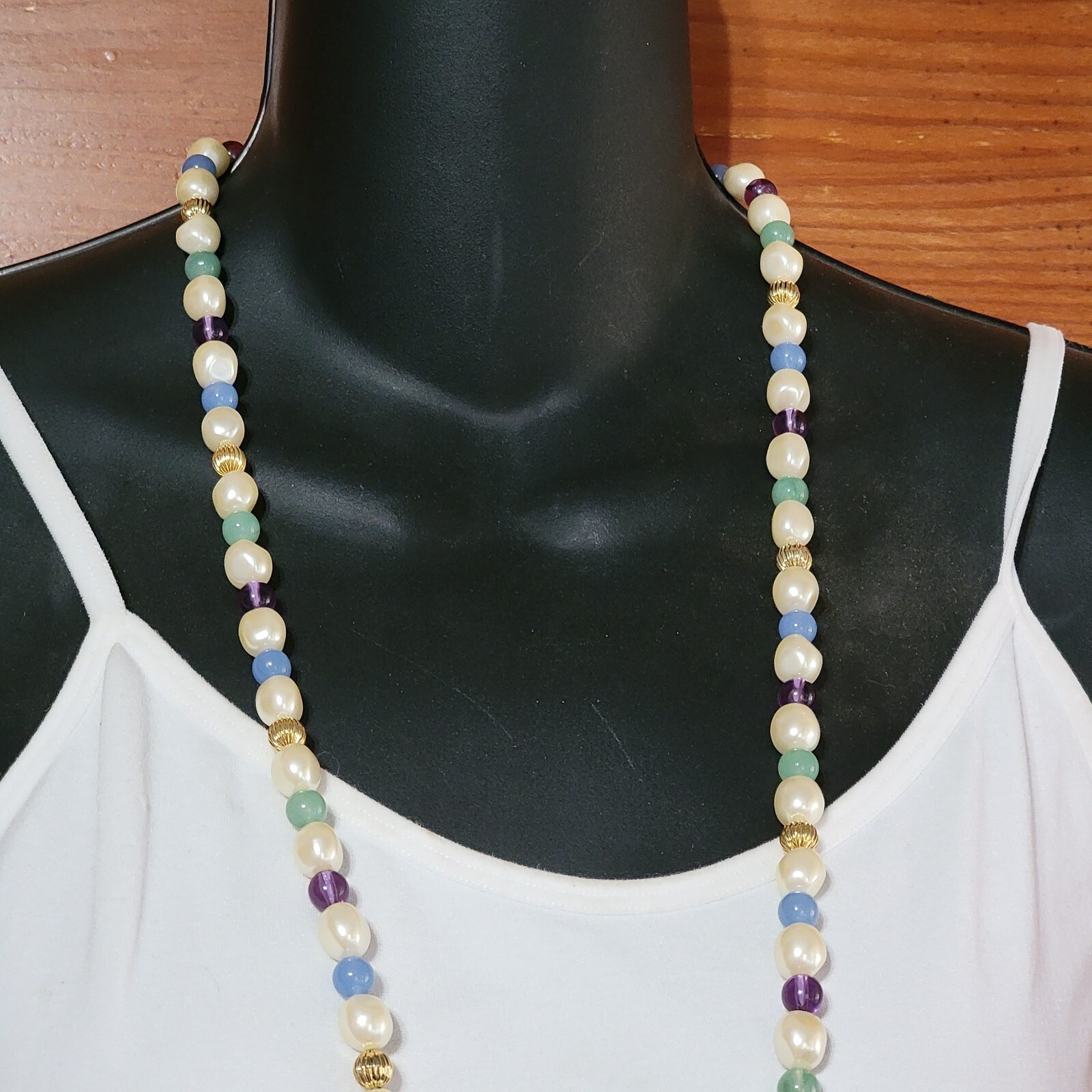 Pastel Long Beaded Necklace 34” Blue Purple Green Vintage Jewelry