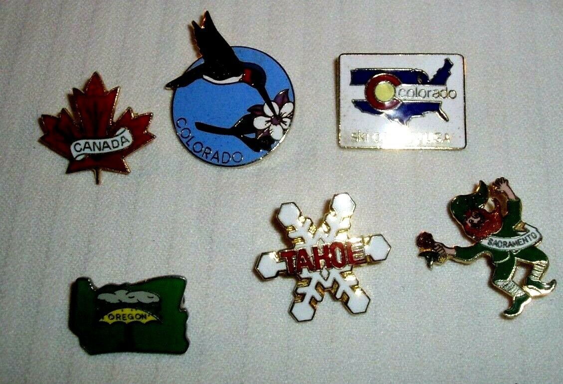 VIntage 6 TACK PINS “STATE PINS CA, CO, TAHOE, OR and more Gold Tone Metal