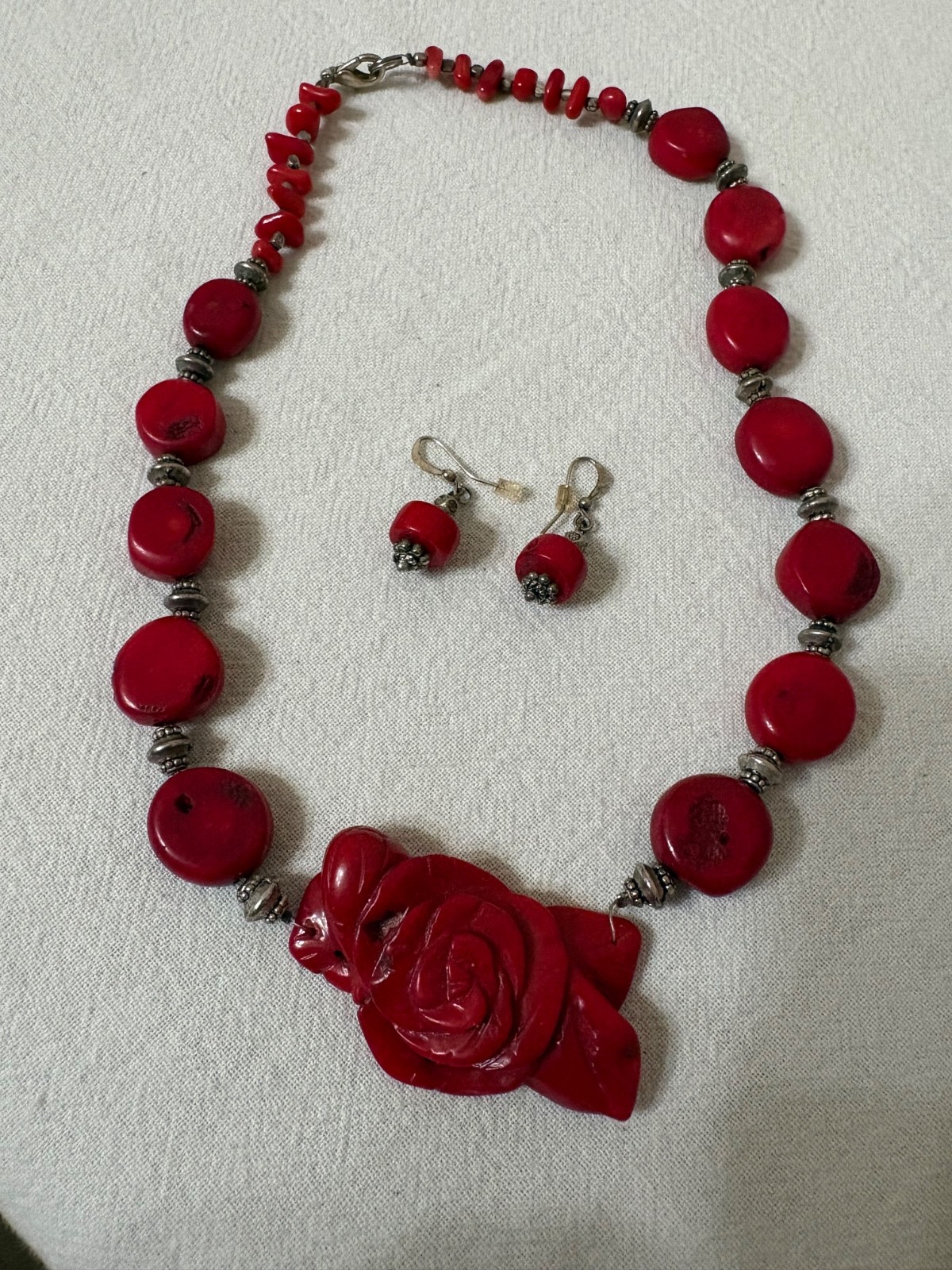 Vintage Natural Red Coral Hand-Carved Rose Necklace/Earrings Set w/Bead Chain