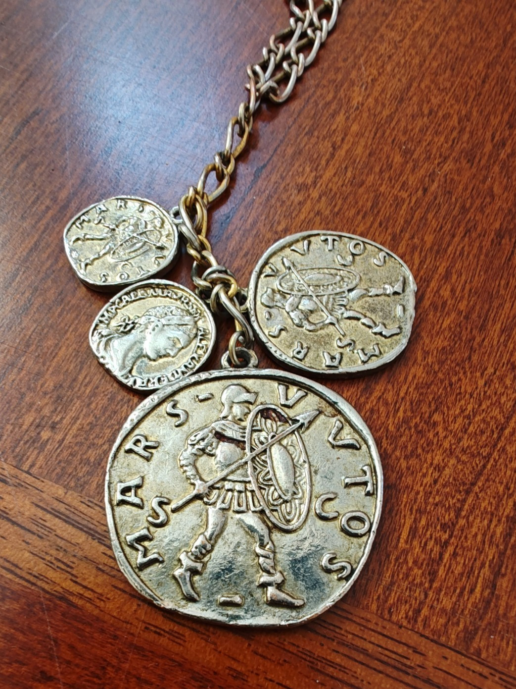 Vintage Coin Charm Necklace Greek Roman Dangles Gold Tone Chain 30″
