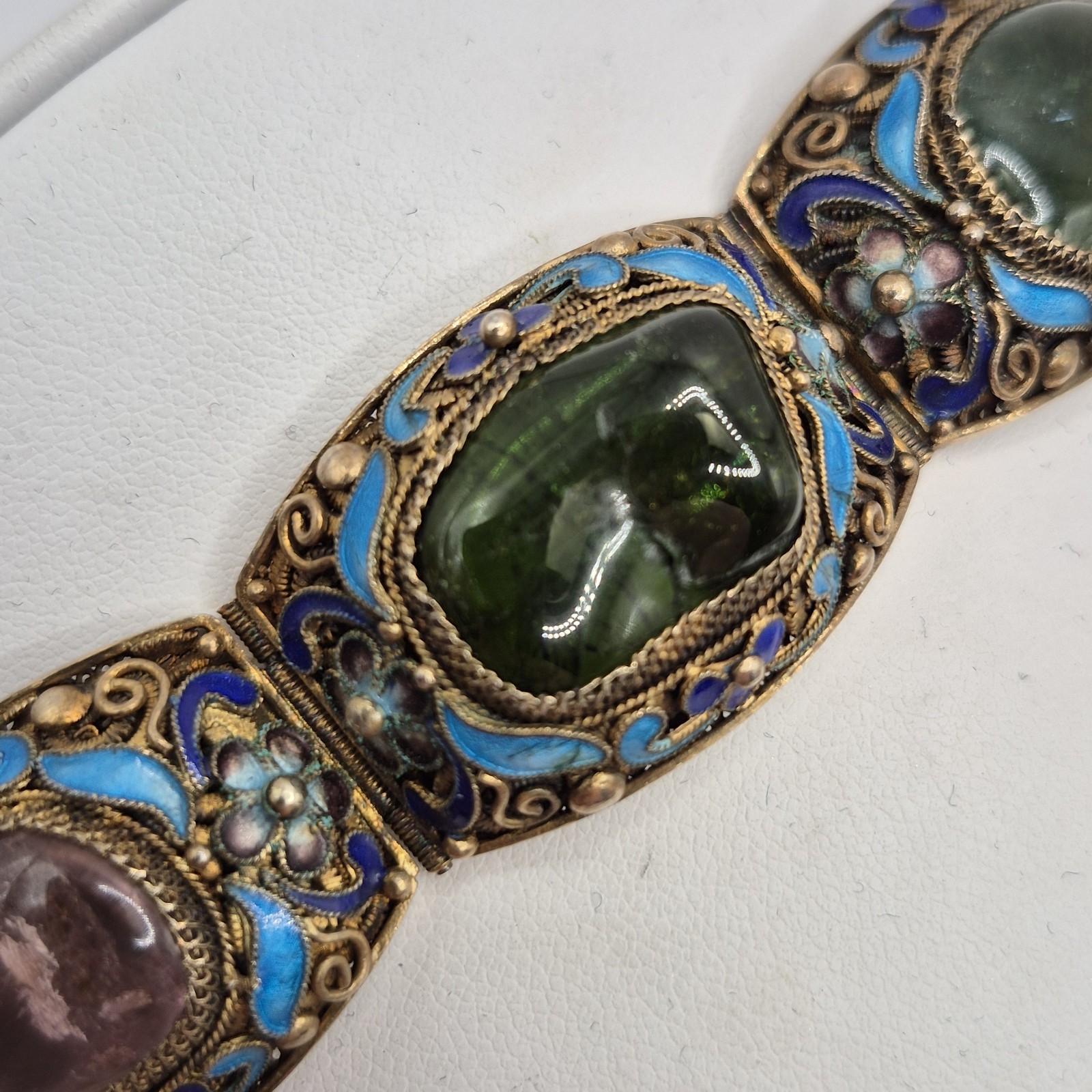 Vintage Silver W/ Gold Wash Chinese Export Tourmaline Enamel Filigree Bracelet