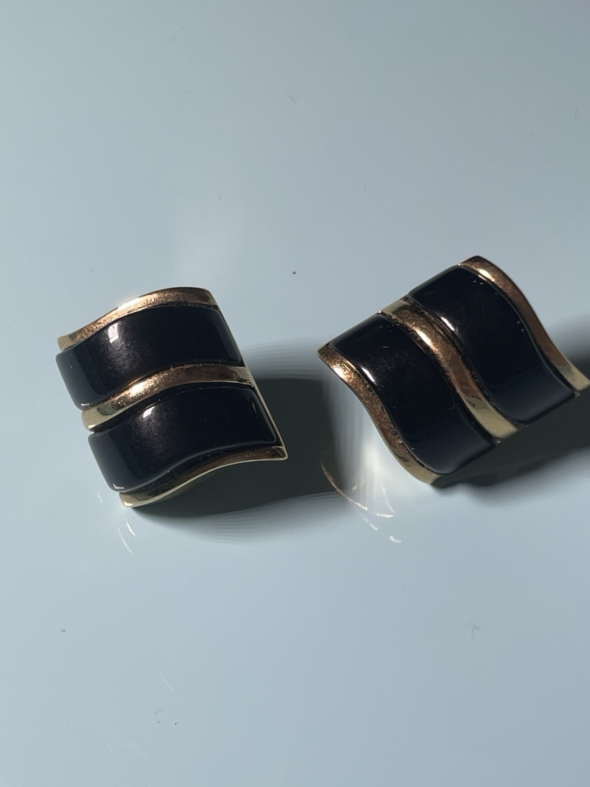 Vintage Black Enamel Gold Tone Clip On Earrings Wave Design Statement Earrings