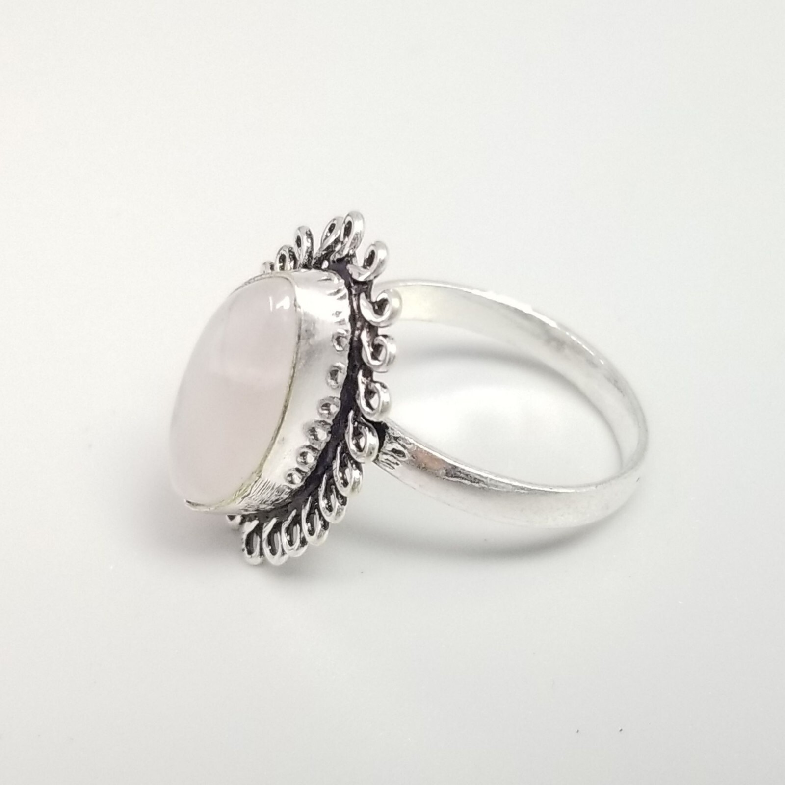 Vintage Marquise Shape Cabochon Ring, Very Light Pink, Size 7.5 Silver Tone Band