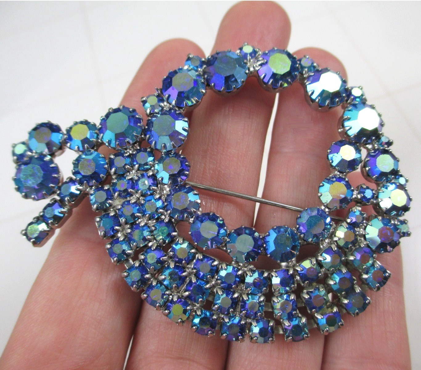 Vintage Large AB Rhinestone Brooch Blue Aurora Borealis Mid Century Statement