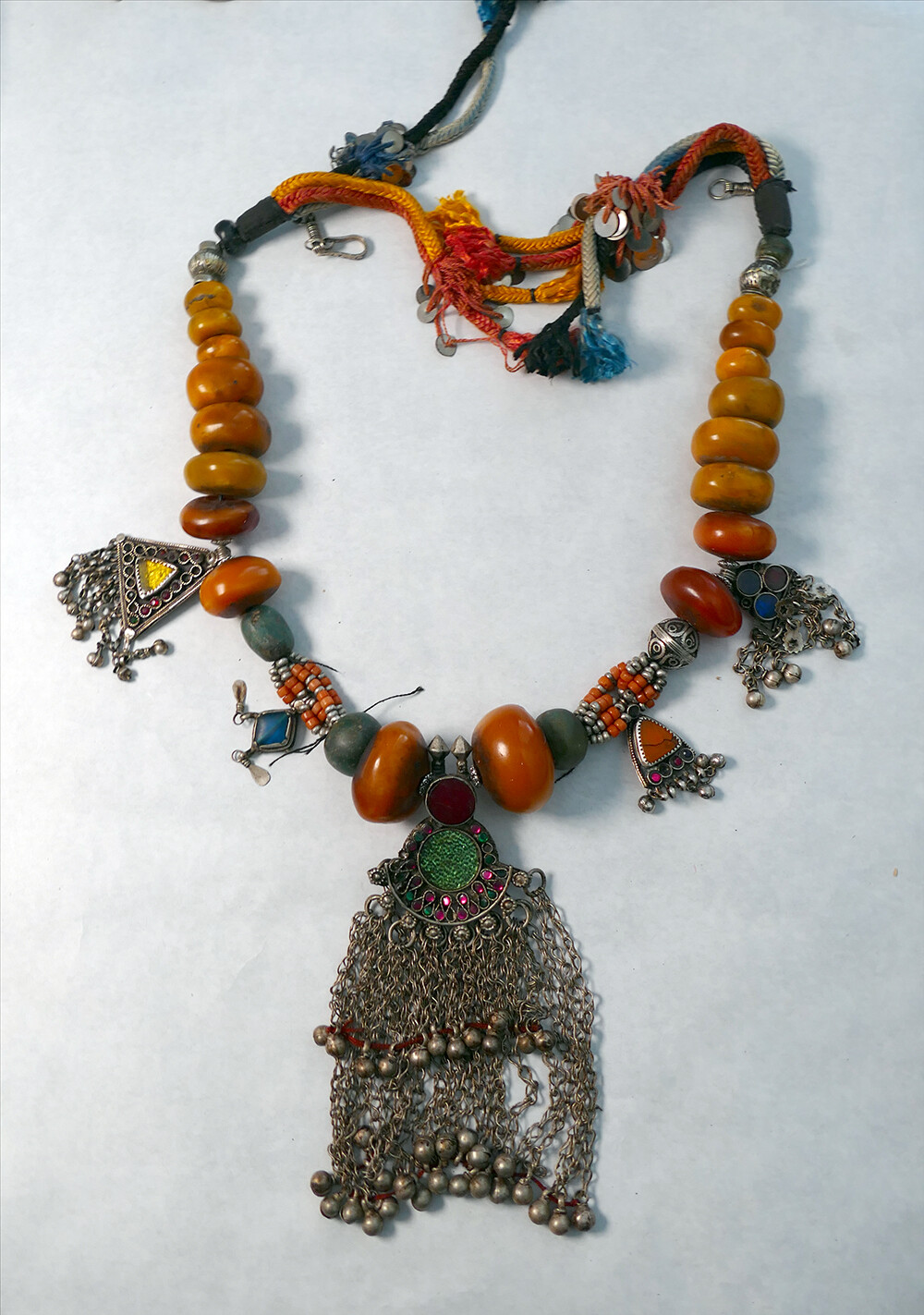 Art: Vintage Large 32″ Amber & Silver Berber Necklace from Morocco Lot A