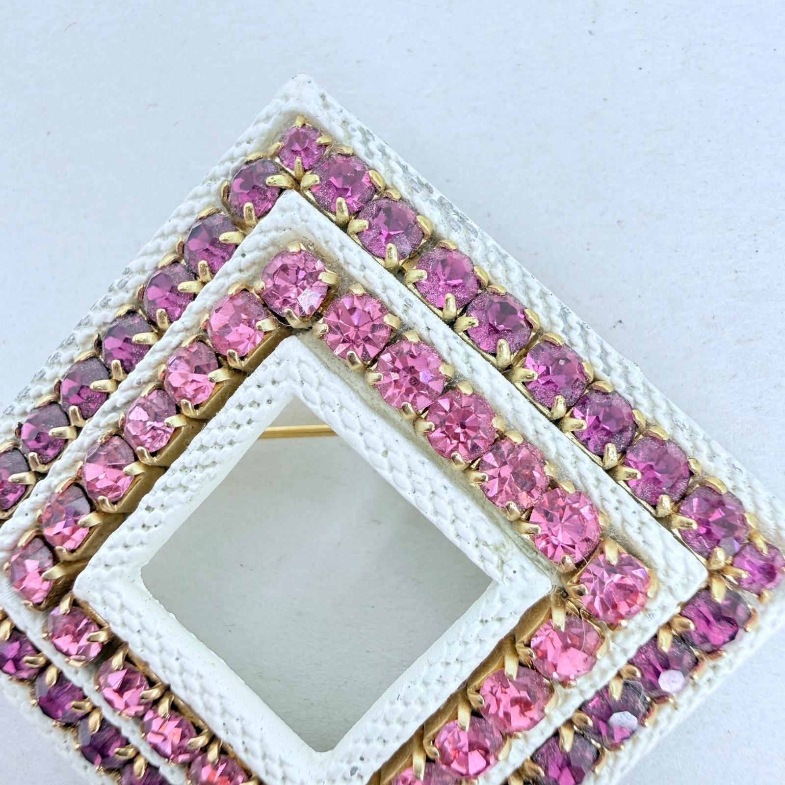 Vintage White Enamel Rhinestone Brooch Pin Geometric Square Pink Purple HEAVY