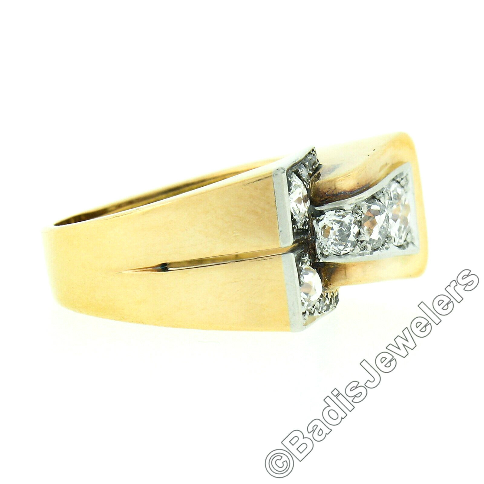 Unisex Antique Victorian 18k Gold & Platinum 1.24ctw Old Cut Diamond Buckle Ring