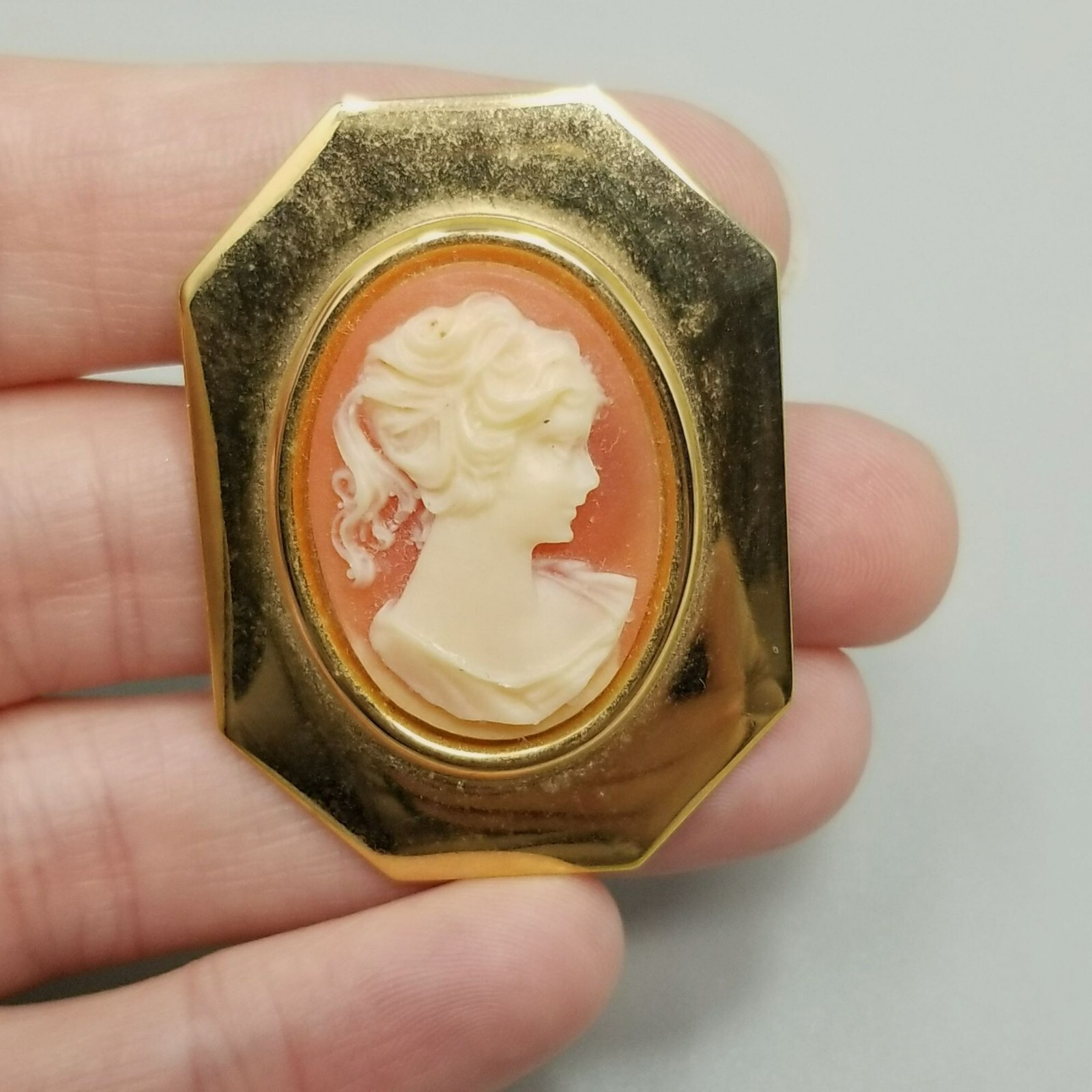 Vintage Cameo Brooch Pendant Gold Tone Frame Orange Cream Color Portrait